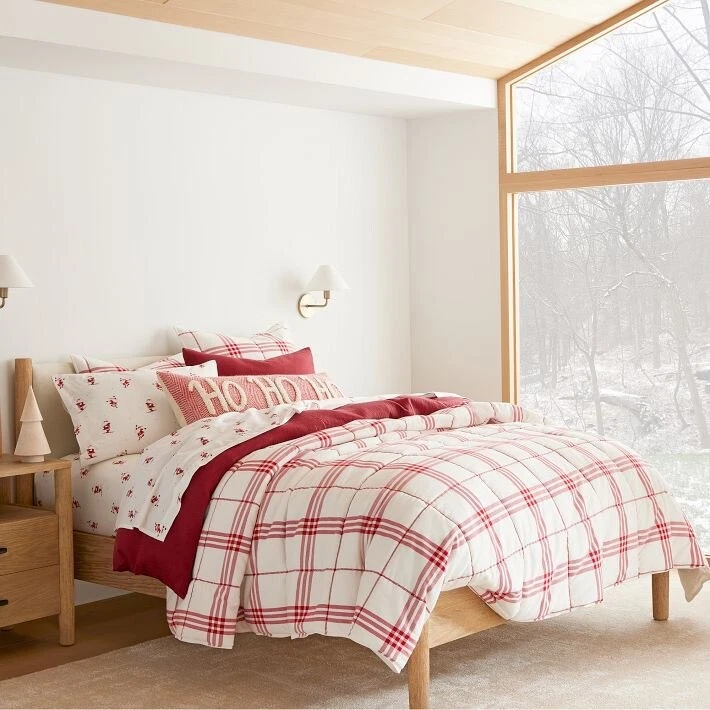 Nuevo ~ Edredón West Elm Farmhouse a cuadros rojo blanco ~ Reina completa ~ 2 fundas de euros Foto 3 de 4