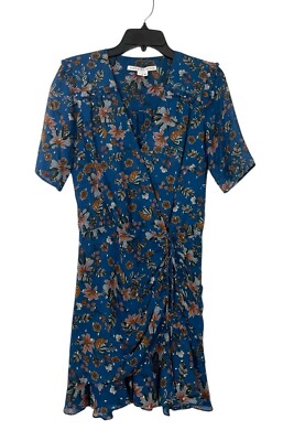 Veronica Beard Dakota Metallic Silk Dress Floral Blue Ruched Party Size 2