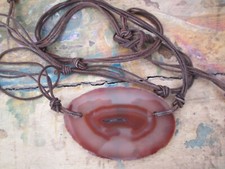 Brazilian Agate Slab Brown Geode and Brown Leather Boho Belt or Necklace 