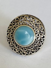 Large Vintage Sterling Silver Signed Round Filigree Scroll Larimar Ring Size 6