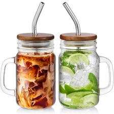 DRASTAR Mason Jar Cups with Handle,16 oz Glass Coffee Mugs with Straws and Ac...