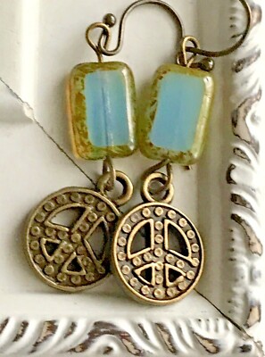 Bronze Peace Sign with Blue Green Picasso Czech Bead Earrings. 70's. Retro