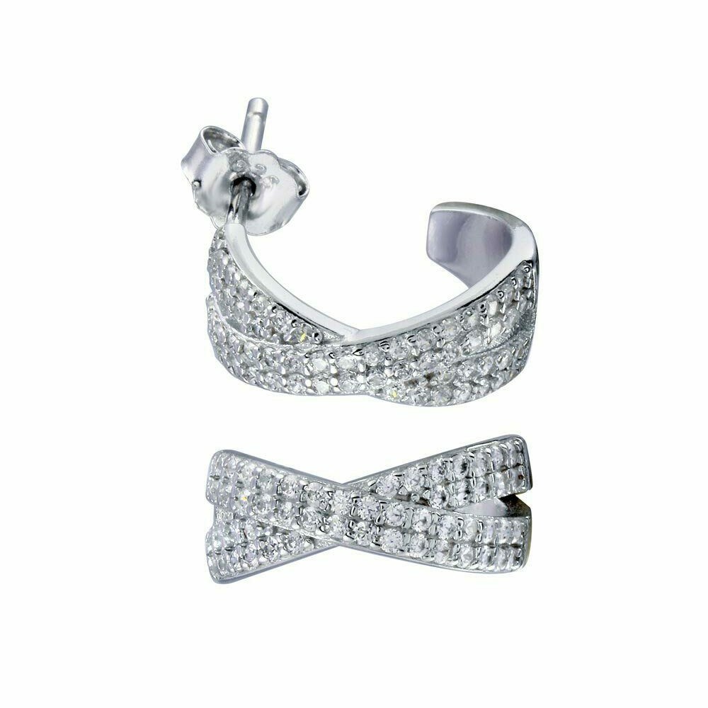 SEMI HOOP " X " DESIGN STUD EARRINGS LAB SIMULATED DIAMONDS 925 STERLING SILVER 