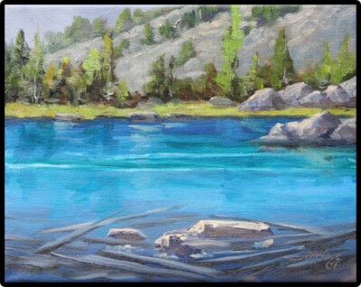 Jeff Love Art Original Oil Painting Mountain Alpine Deep Blue Lake Log Landscape
