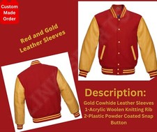 Customised Letterman Varsity Red Wool Body Gold Real Leather Sleeves Jackets