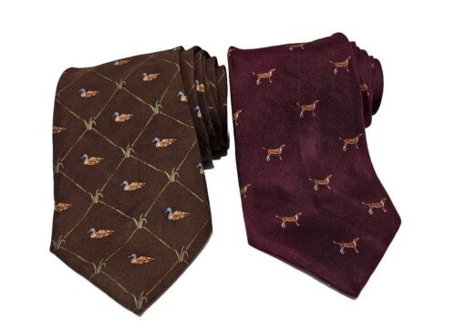 Vintage Brooks Brothers Makers Zestaw krawatów z czystego jedwabiu Krawaty z kaczką i psem 👔 ZESTAW 2 - Zdjęcie 1 z 13