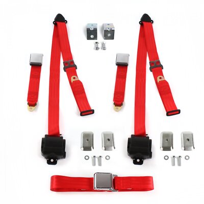 Ford Truck 1942 - 1947  Airplane 3pt Red Retractable Bench Seat Belt Kit w/ Brac