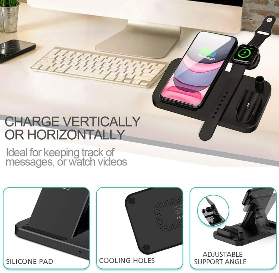 4-in-1 Fast Charger Qi Wireless Charging Station for Apple Watch iPhone Pencil - Image 4 of 4