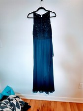 Adrianna Papell Navy blue lace top evening gown with draped detail in the front