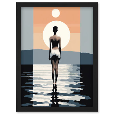 Das Meer ruft modern abstrakt minimalistisch Sonne und Mond gerahmter Kunstdruck A4