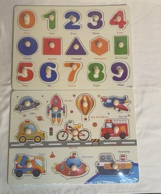 2 Wooden Peg Puzzle Set for Toddlers Ages 3-5 (Numbers, Shapes, Transportation).