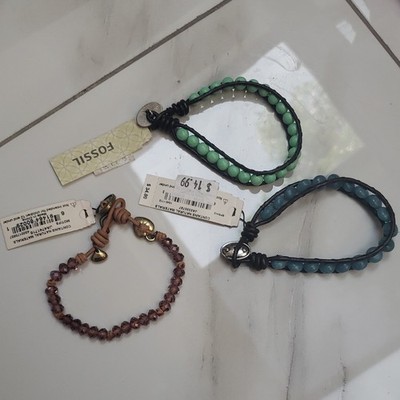 Fossil Lot of 3 Wrap Beaded Leather Cord Bracelets Button Closure Multicolor