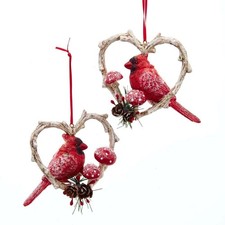 Kurt Adler Red Cardinal Birds in Branch Heart Ornaments 2 Assorted