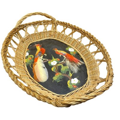 Rattan Mexican Folk Art Basket Vtg Bird Feather Hand Painted MCM Wall Hanging