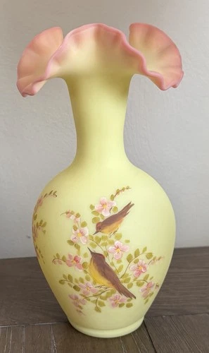 Fenton Burmese Ruffle Vase Hand Painted Birds Pink Flower Signed Louise Piper
