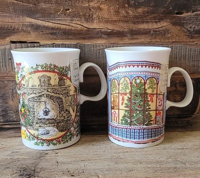 DUNOON Set Of 2 Fine Bone China Holiday Christmas Coffee Mugs Scotland