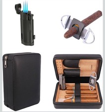AMANCY Black Leather Cigar Case Set with Cutter, Lighter, Punch 8.1x5.6x3.3in