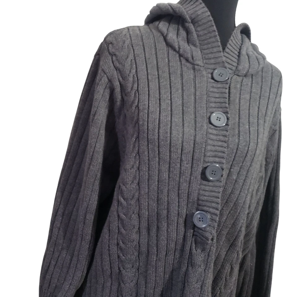 Vintage Womens Y2K Gray Ribbed Fisherman Knit Hooded Cardigan Sweater Size 2X - Image 2 of 4