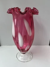 Fenton? Ruffled Cranberry Glass 12”Hand Blown Vase With White Patches Swirl Side