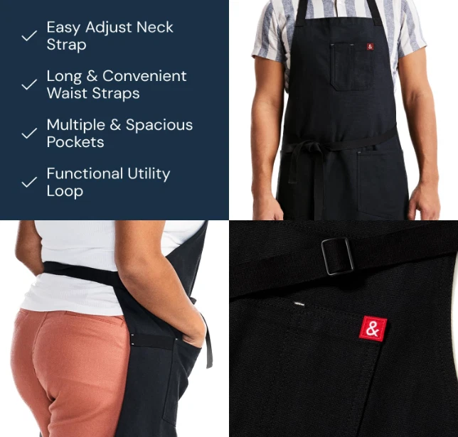 Delantal esencial hedley and bennett - Delantal de chef con babero ajustable con 3 bolsillos Foto 4 de 4