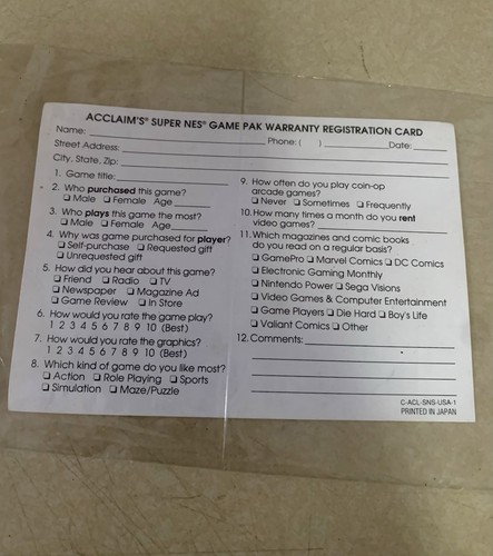 Acclaim Super Nintendo SNES Registration Card Insert ONLY C-ACL-SNS-USA-1