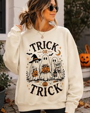 Trick or Treat Halloween Sweatshirt Cute Ghost Vintage Pumpkin Spooky Season