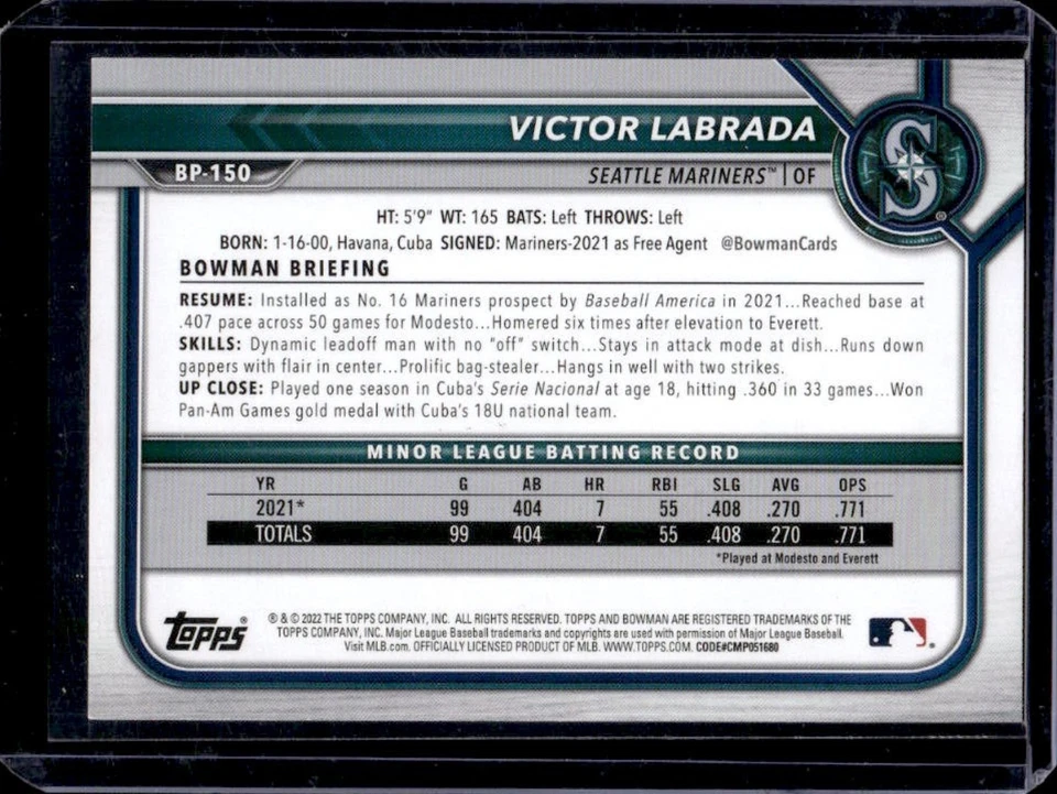 2022 Bowman Victor Labrada Prospects Fuchsia #61/299 Mariners - Image 2 of 2