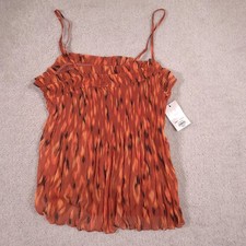 Nine West Tank Top Womens Medium Orange Pleated Ruffle Square Neck Cami Chiffon