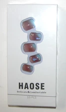 Haose Press On Nails Burgundy Light Blue Tips Gems 30 pcs