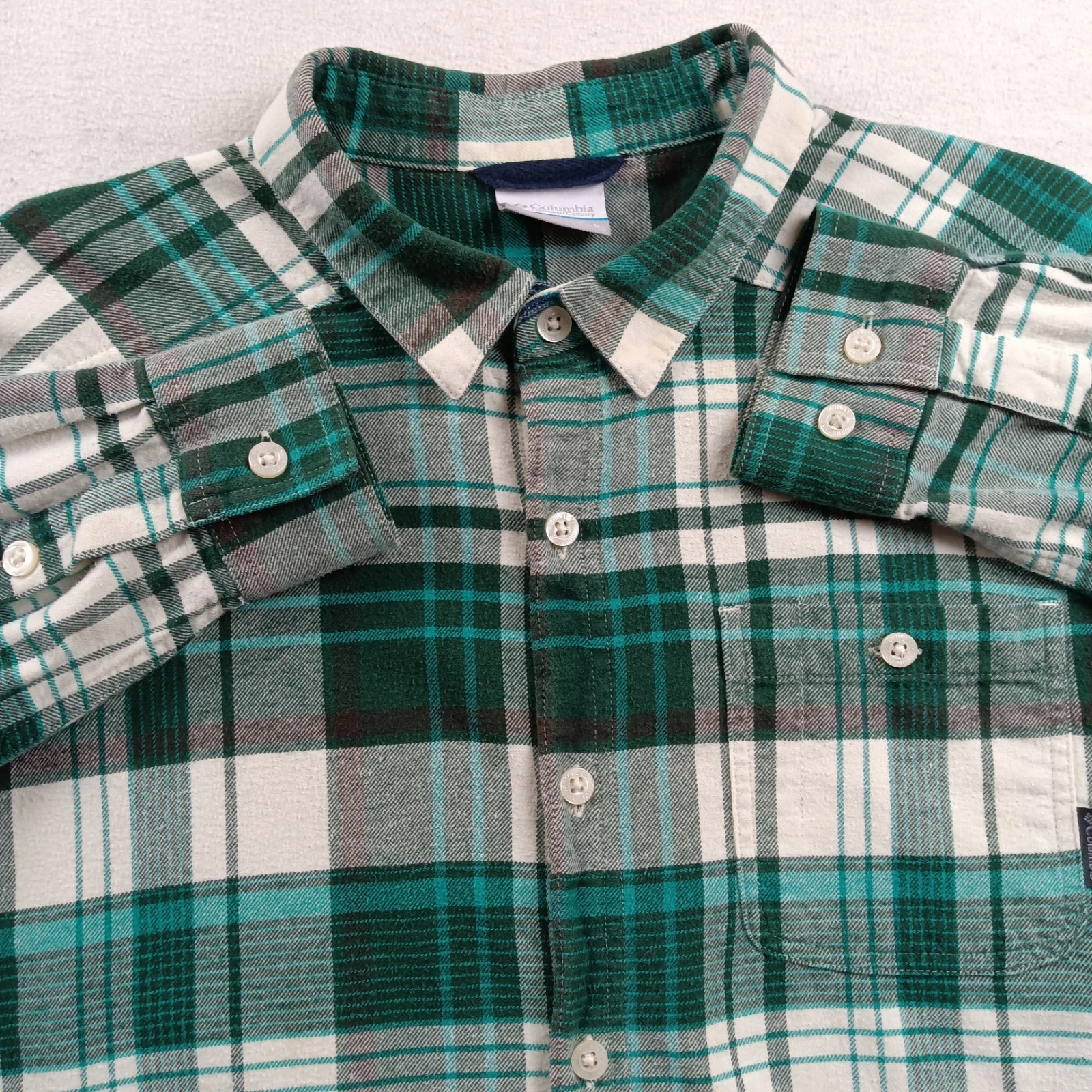 Columbia Mens Long Sleeve Green Plaid Cotton Blend Flannel Shirt - L