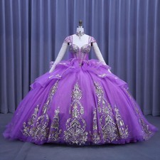 Luxurious Quinceanera Dresses Cap Sleeves Slivery Appliques Puffy Ball Gowns