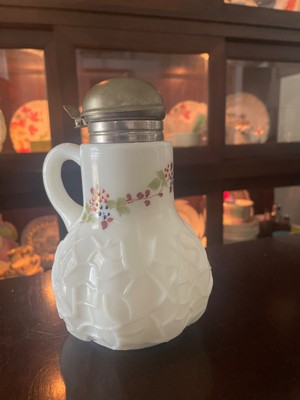 Victorian Glass Syrup Pitcher Dithridge Opalware Alba Spider Web Blue Floral
