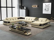 Ecksofa Beige mit Couchtisch 2tlg. Wohnzimmer Ledersofa Set Eckgarnitur Tisch