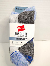 Hanes Absolute Comfort Mid Crew Socks Cushioned Arch Support 3pr 10-12 G/B/W
