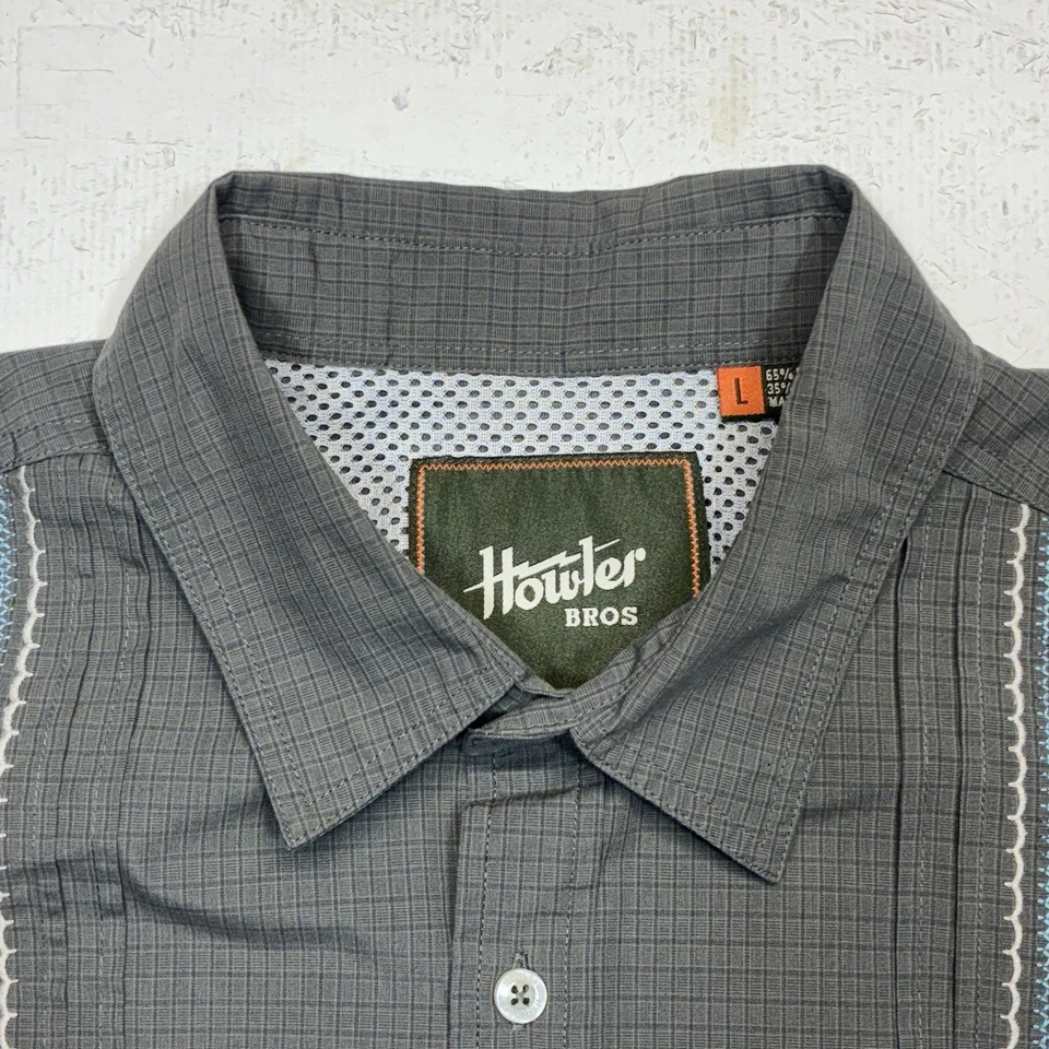 Howler Bros Guayabera Shirt Mens Large Gray Cuban Summer Embroidered Vented - Image 3 of 4