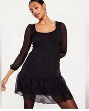 Old Navy Black Tiered Mini Dress Small Smocked Yoke Long Sleeve Babydoll Boho