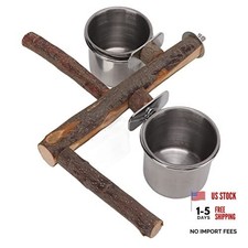 Bird Feeding Bowl Stainless Steel Bowl with Wood Bird Stand Perch Food Feeder L