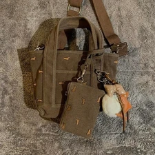 Madden Girl Brown Canvas dachshund dog print mini tote bag NWT