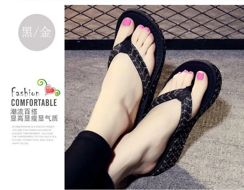 Damenschuhe Keilabsatz hoher Absatz Zehenstegsandalen Sommer Hausschuhe Freizeit Flip Flops - Bild 5 von 11