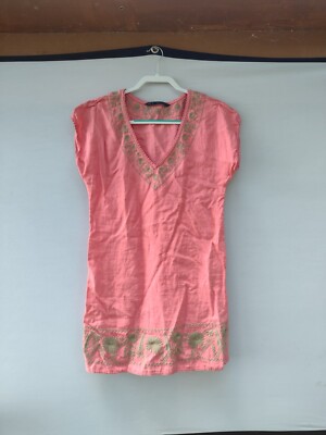Zara Basic 100% linen pink dress embroidery size S
