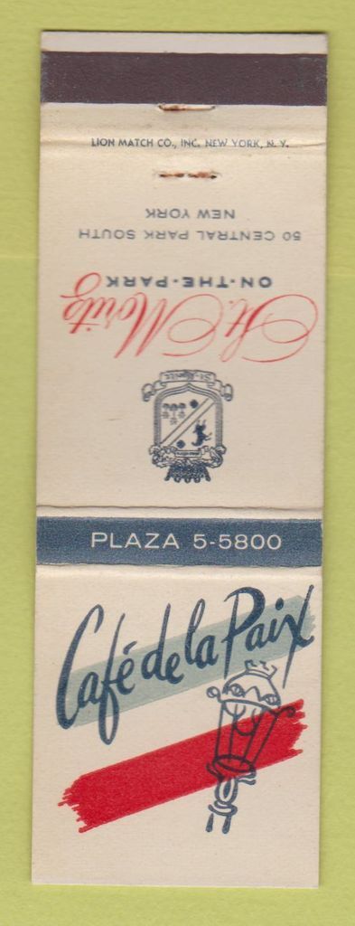 Matchbook Cover - Cafe De La Paix St Moritz Hotel New York City