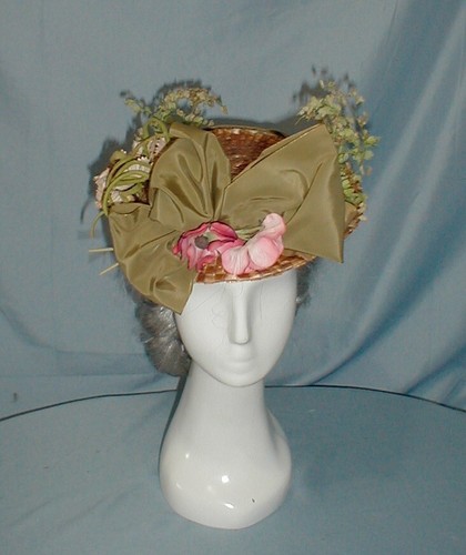 Fancy Antique Hat Victorian 1890's Yellow Straw Floral and Ribbon Trim