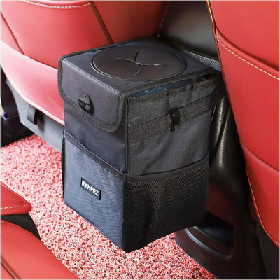 Car Trash Can with Lid - Car Trash Bag Hanging with Storage Pockets Collapsible 