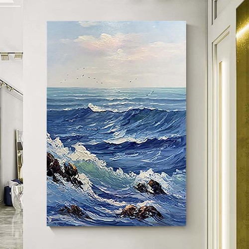 Quadro murale estetico interno decorazione parete tela fatto a mano olio mare astratto - Foto 4 di 9