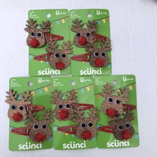5 Pair Red Nosed Reindeer Christmas Hair Snap Clips Scunci