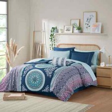 BEAUTIFUL MODERN CHIC BLUE AQUA TEAL PINK GREY BOHEMIAN COMFORTER SET  SHEETS