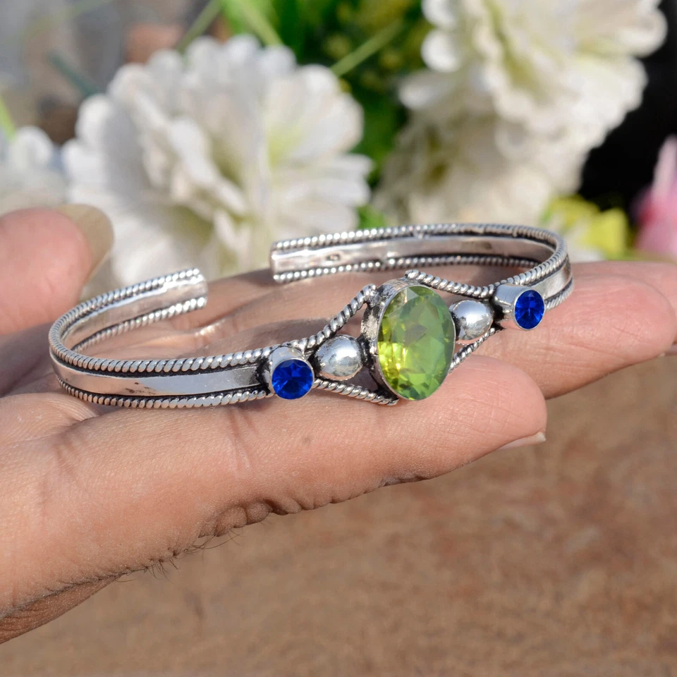Faceted Peridot & Tanzanite Gemstone 925 Sterling Silver Bracelet Special Gift - Image 4 of 4