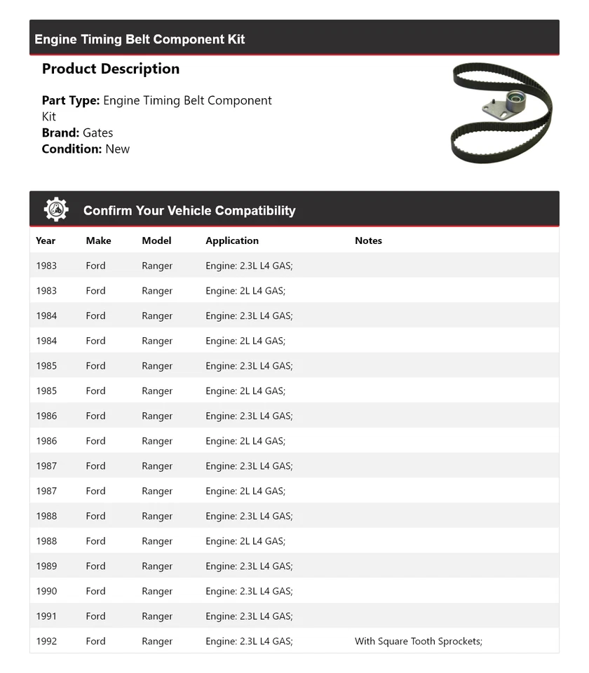 Kit de componentes de correia dentada de motor Ford Ranger 1983-1992 portões 1984 1985 1986 - Imagem 2 de 4