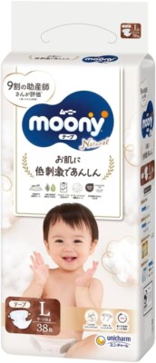 Unicharm Natural Moony Premium Organic Cotton Tape Diapers, L (20-31lb/9-14kg)