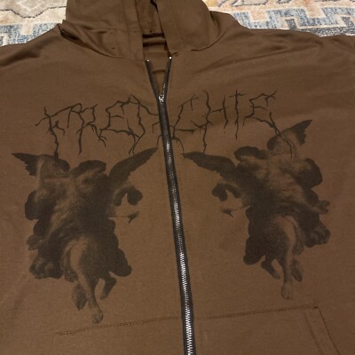 Y2K Womens L Dark Angel Cherub Brown Hoodie Vintage